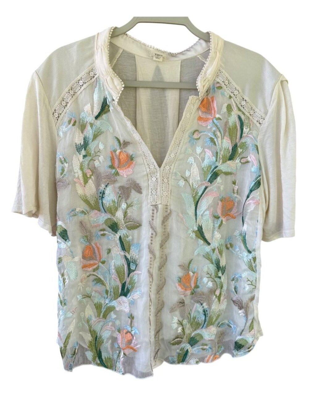Tiny Eliana By Anthropologie Women's Floral Embroidered Sheer Lace Top Blouse L